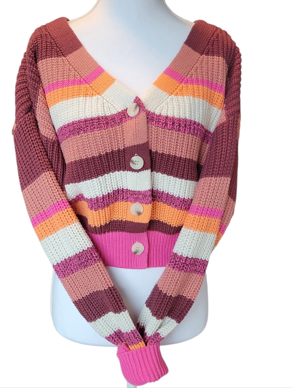 Jessica Simpson Pink Orange Stripe Button Up Chunky Knit Cardigan